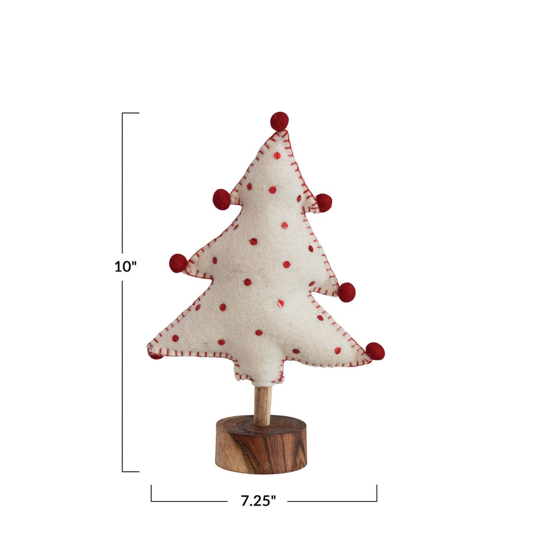 Creative Coop Holiday Decor Handmade Wool Felt Tree W/Sequins, Pom Moms & Wood Base