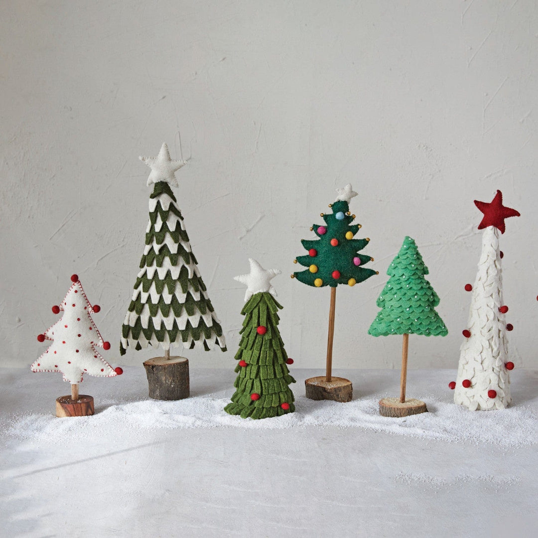 Creative Coop Holiday Decor Handmade Wool Felt Tree W/Sequins, Pom Moms & Wood Base