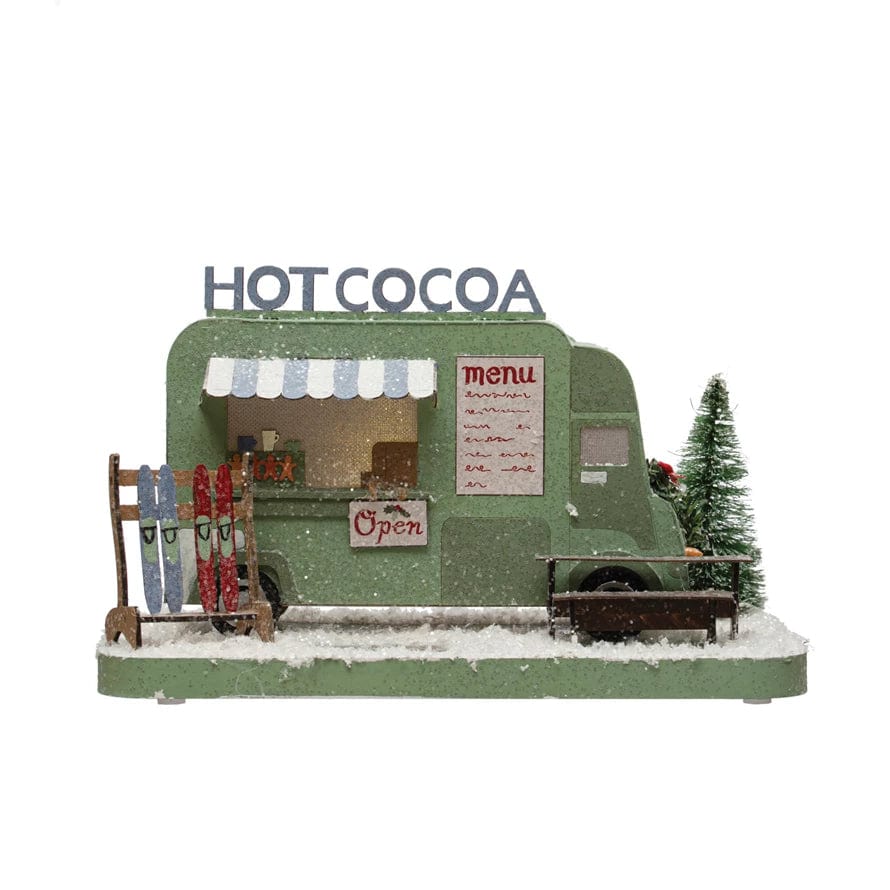 Creative Coop Holiday Ornaments Paper Hot Cocoa Truck in Winter Scene w/ Glitter & LED Light