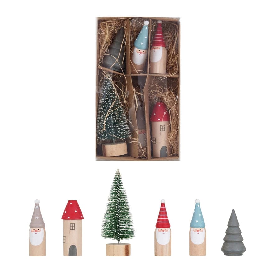 Creative Coop Holiday Decor Wood & Sisal House, Trees & Gnomes, Boxed Set of 6