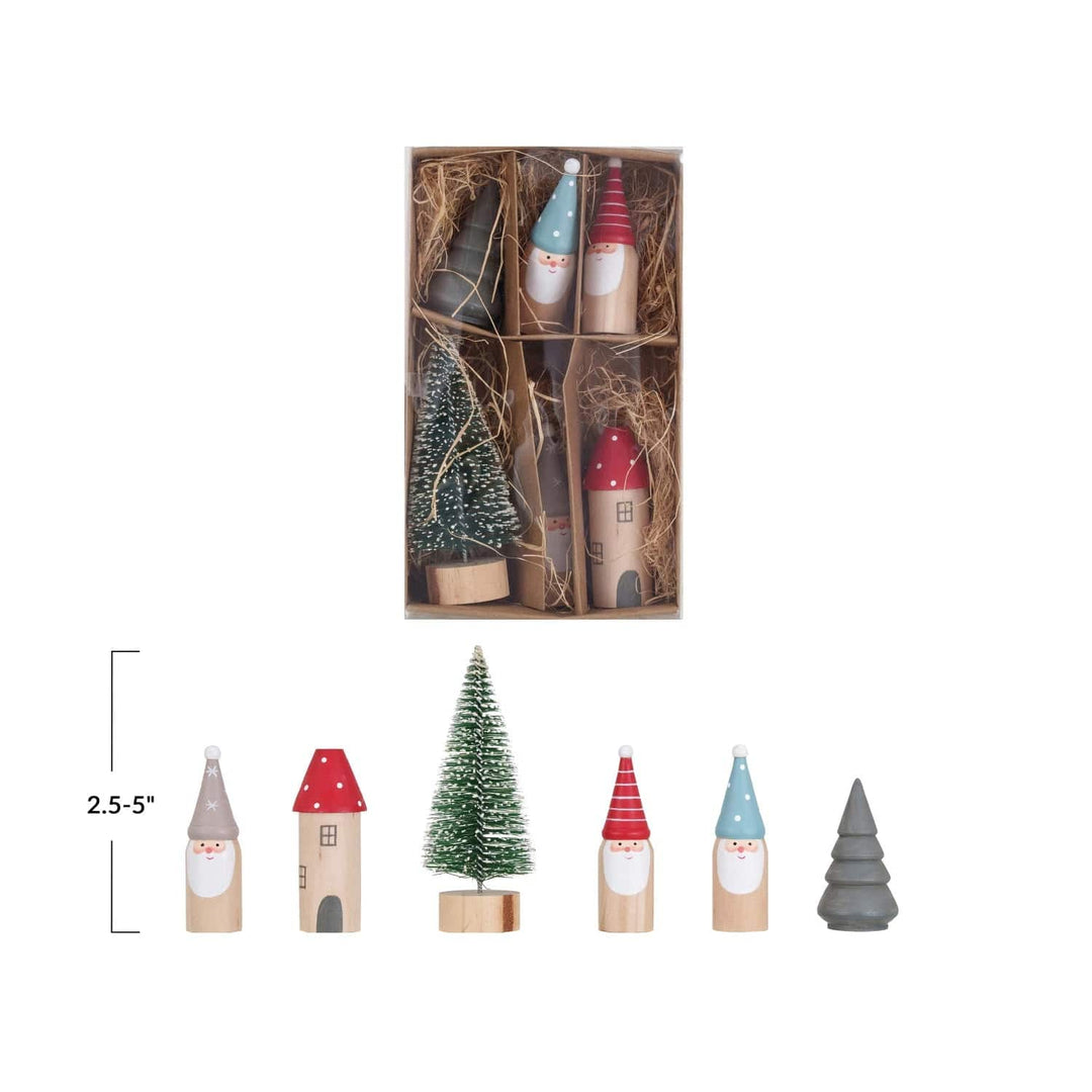 Creative Coop Holiday Decor Wood & Sisal House, Trees & Gnomes, Boxed Set of 6