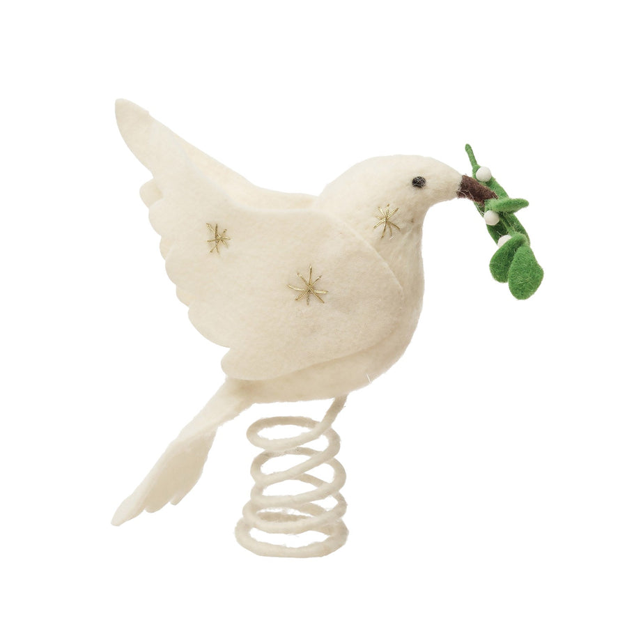Creative Coop Holiday Decor Wool Felt Dove Tree Topper w/ Olive Branch & Embroidered Stars