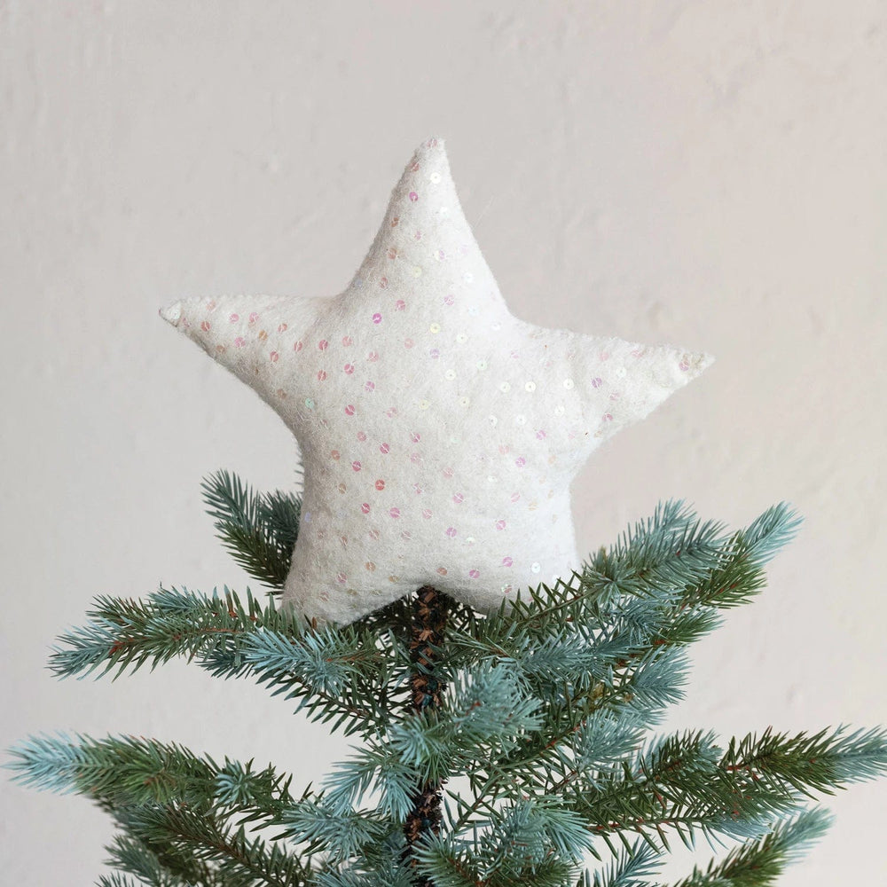 Creative Coop Holiday Decor Wool Felt Star Tree Topper w/ Sequins, Beige