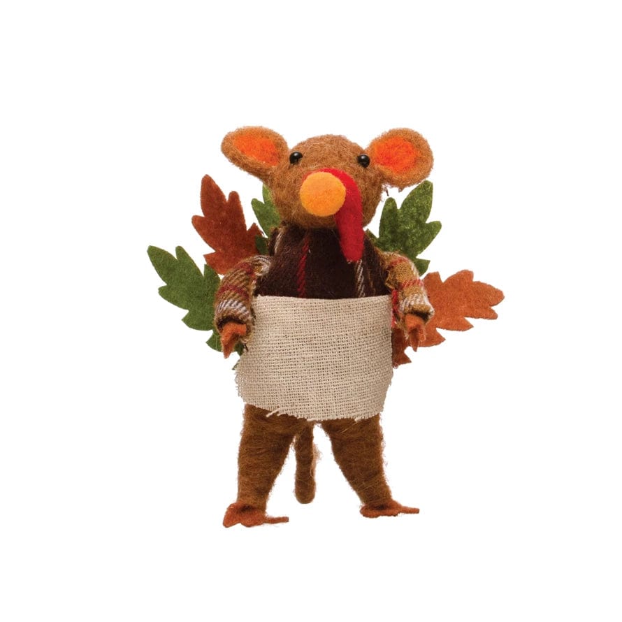 Creative Coop Holiday Decor Wool Felt Turkey Mouse w/ Plaid Shirt & Apron - Multi-Color