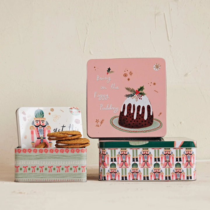 Creative Coop Holiday Embossed Tin with Lid & Holiday Treats