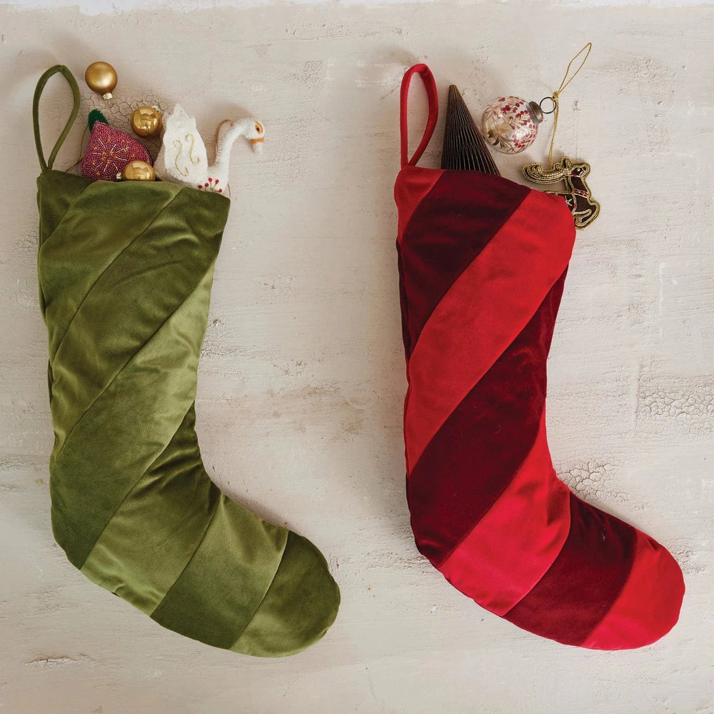 Creative Coop Holiday Fabric Velvet Striped Stocking, Green
