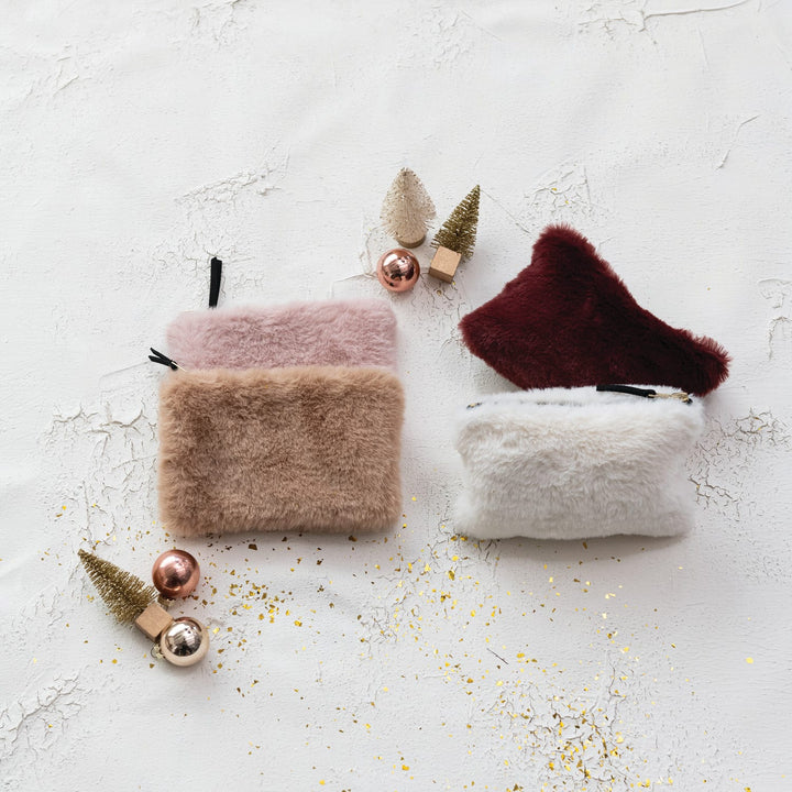 Creative Coop Holiday Faux Fur Fabric Zip Pouch