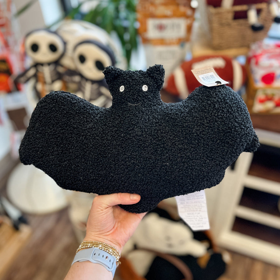 Creative Coop Holiday Faux Sherpa Fabric Bat Shaped Pillow, Black