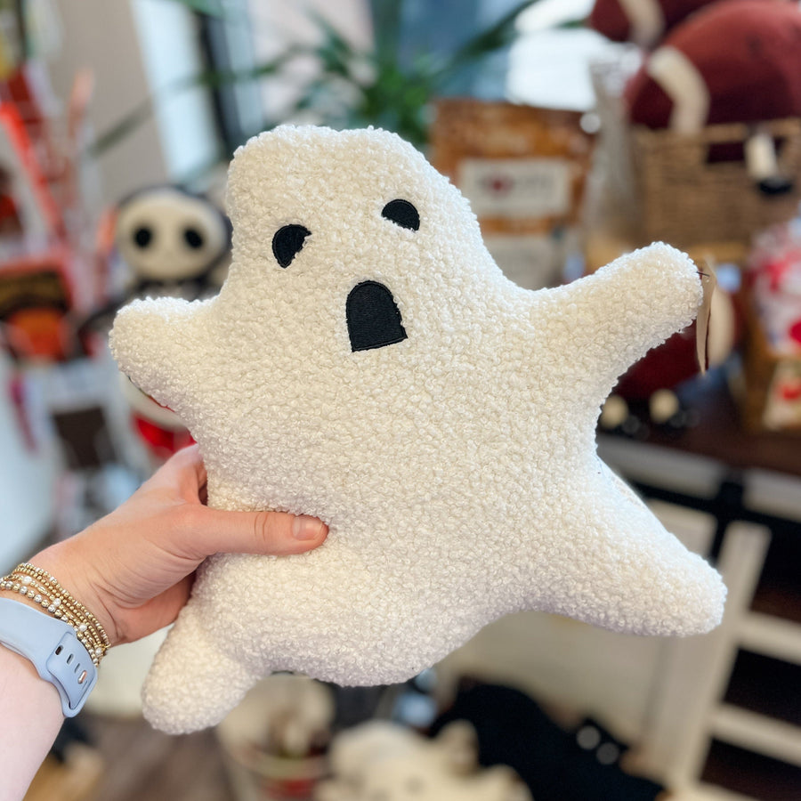 Creative Coop Holiday Faux Sherpa Fabric Ghost Shaped Pillow, White & Black