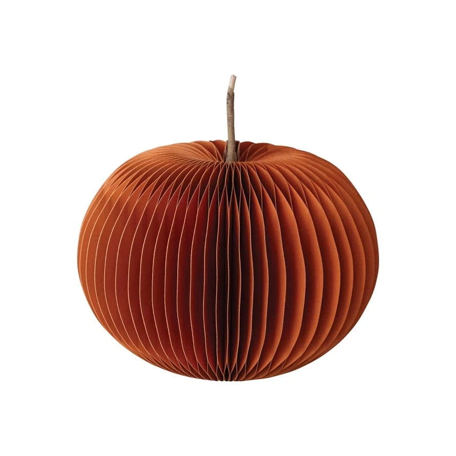 Creative Coop Holiday Folding Honeycomb Pumpkin w/ Dried Natural Twig Stem, Orange