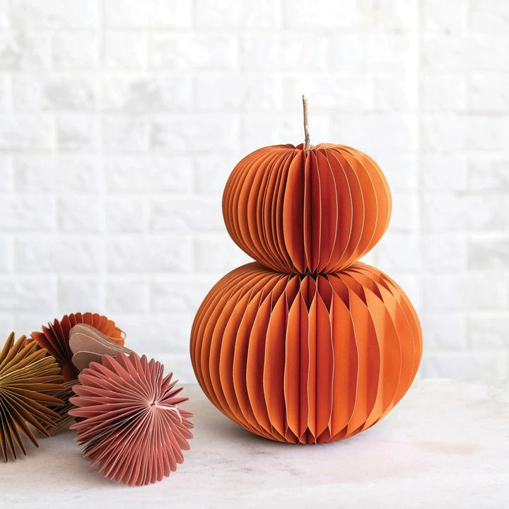 Creative Coop Holiday Folding Honeycomb Pumpkin w/ Dried Natural Twig Stem, Orange