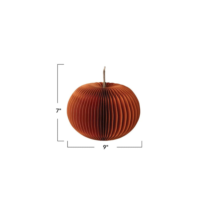 Creative Coop Holiday Folding Honeycomb Pumpkin w/ Dried Natural Twig Stem, Orange