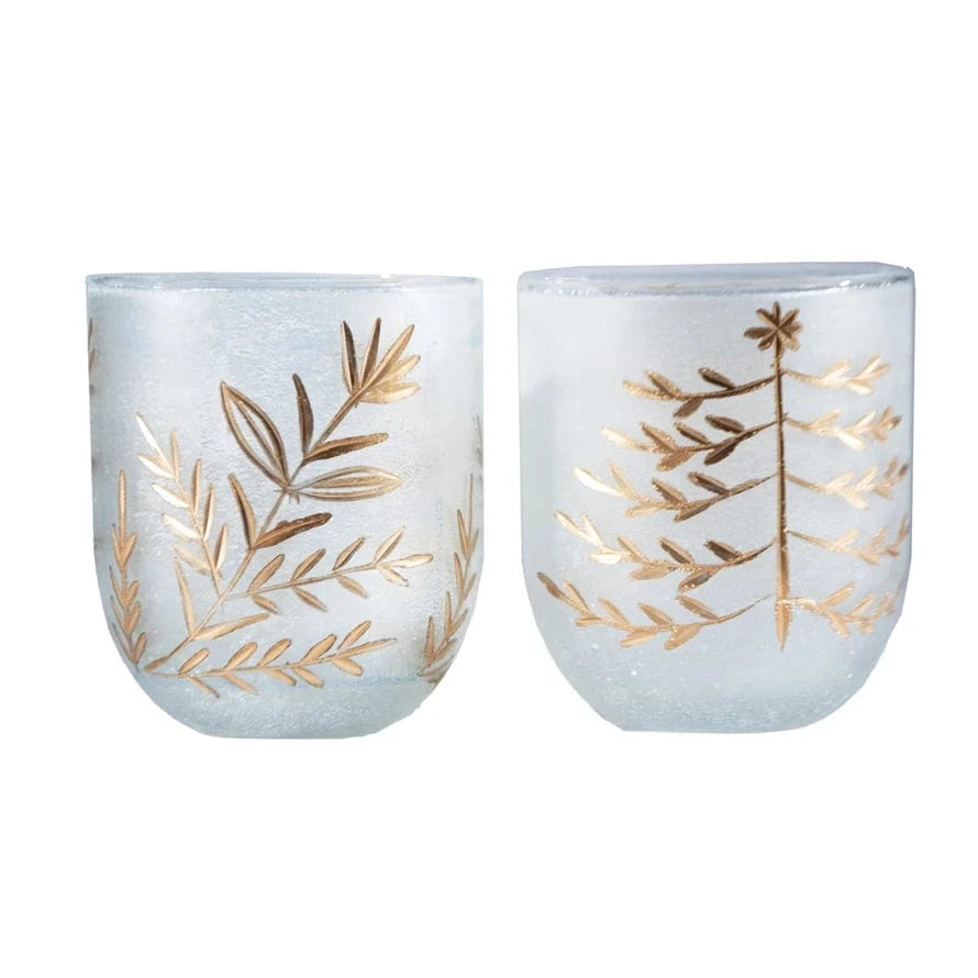 Creative Coop Holiday Hand-Painted Etched Glass Tealight/Votive Holder