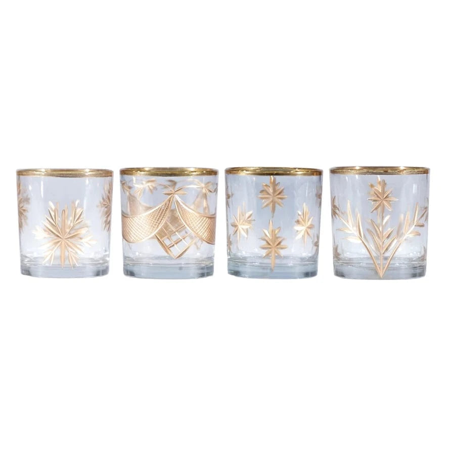 Creative Coop Holiday Hand-Painted Etched Glass Tealight/Votive Holder