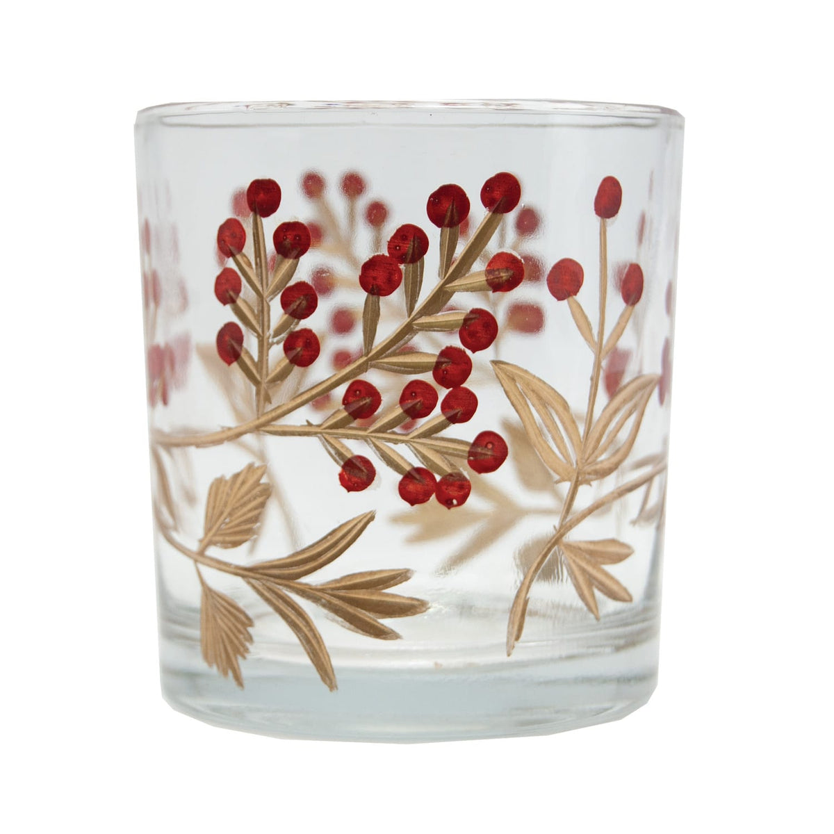 Creative Coop Holiday Hand-Painted Etched Glass Votive Holder with Berry Design