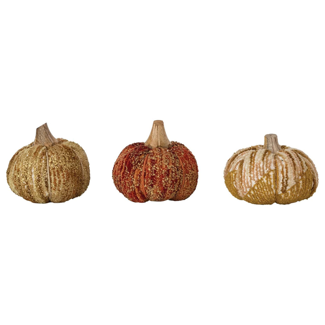 Creative Coop Holiday Handmade Cotton, Fabric Chenille & Mango Wood Pumpkin