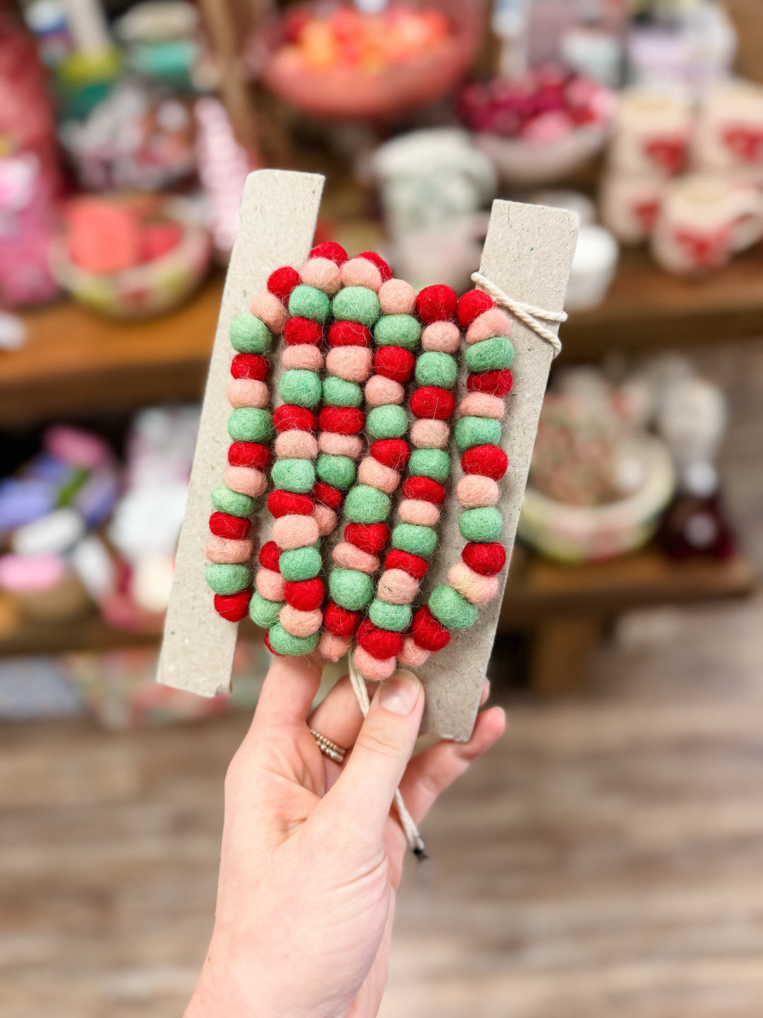 Creative Coop Holiday Handmade Wool Felt Ball Garland, Red, Green & Pink