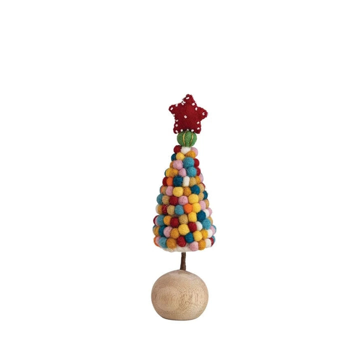 Creative Coop Holiday Handmade Wool Felt Pom Pom Tree w/ Beaded Star & Wood Ball Base