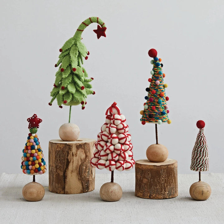 Creative Coop Holiday Handmade Wool Felt Pom Pom Tree w/ Beaded Star & Wood Ball Base