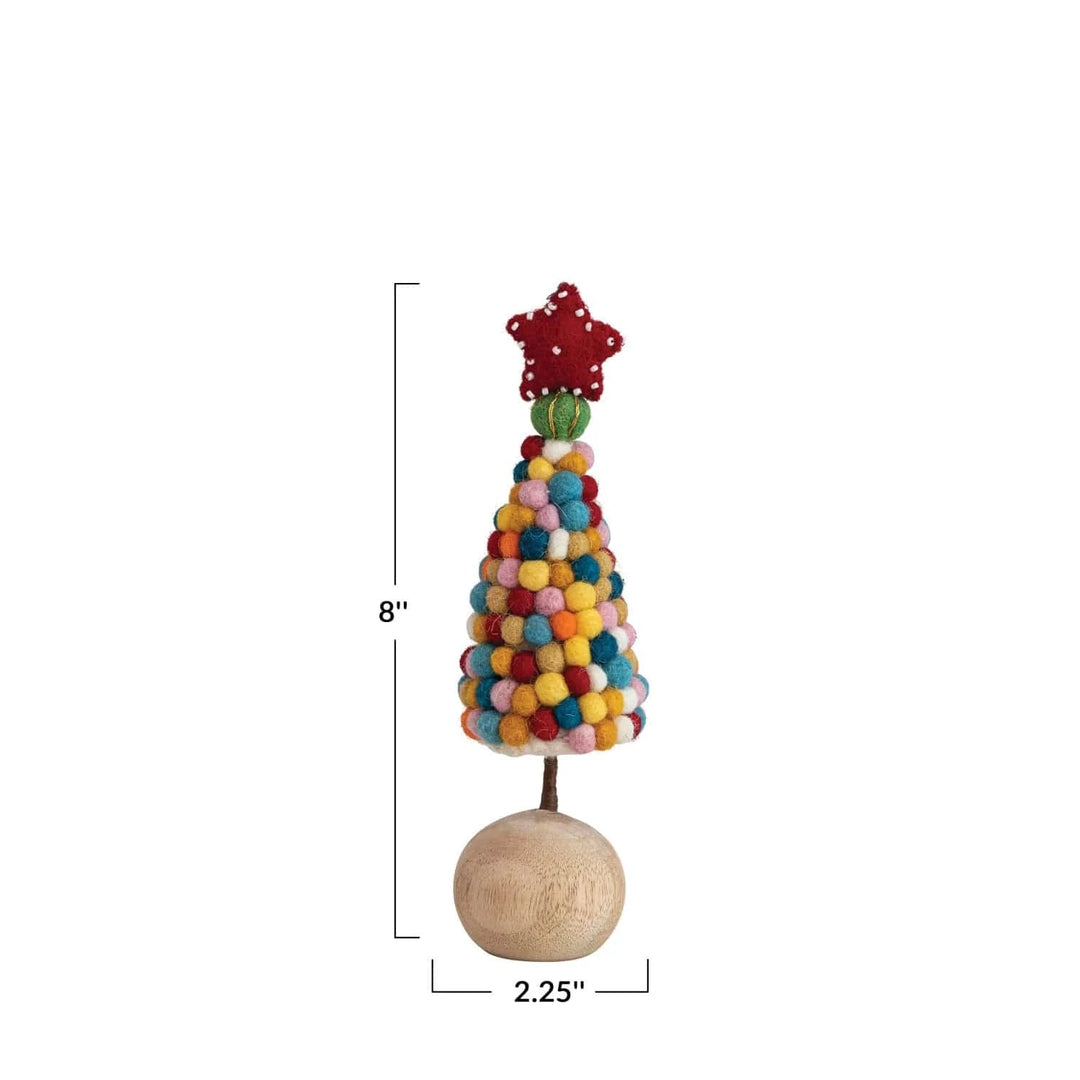 Creative Coop Holiday Handmade Wool Felt Pom Pom Tree w/ Beaded Star & Wood Ball Base