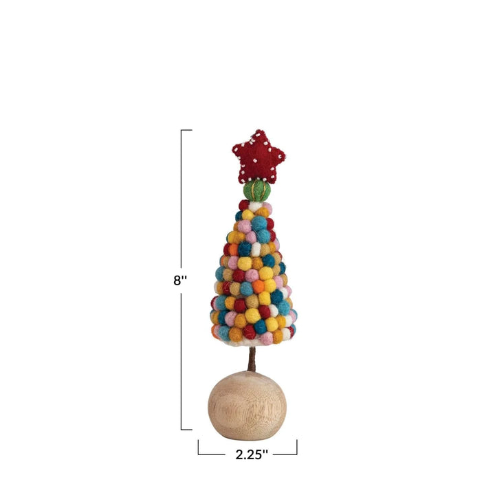 Creative Coop Holiday Handmade Wool Felt Pom Pom Tree w/ Beaded Star & Wood Ball Base