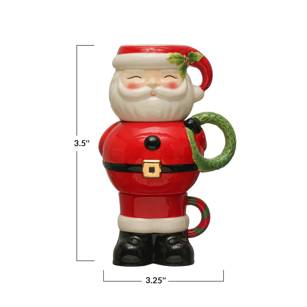 Creative Coop Holiday Kitchen Hand-Painted Dolomite Stackable Santa Mugs - Set of 3