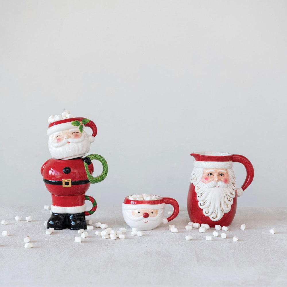 Creative Coop Holiday Kitchen Hand-Painted Dolomite Stackable Santa Mugs - Set of 3