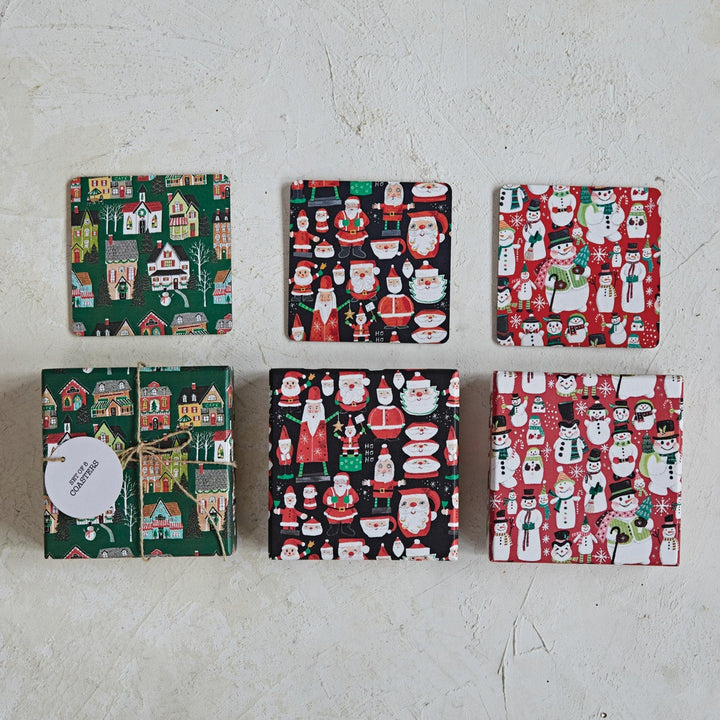 Creative Coop Holiday Kitchen Square Printed Recycled Paper & Cardboard Coasters W/ Holiday Patterns | 3 Styles | Box Set of 8