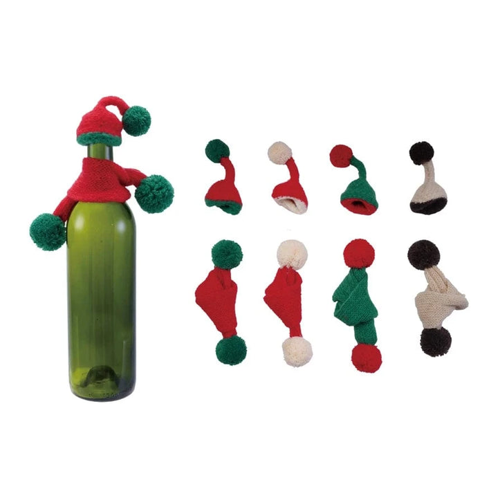 Creative Coop Holiday Knit Fabric Hat & Scarf Bottle Topper w/ Pom Poms, Set of 2