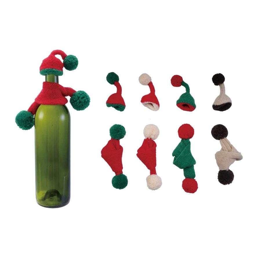 Creative Coop Holiday Knit Fabric Hat & Scarf Bottle Topper w/ Pom Poms, Set of 2