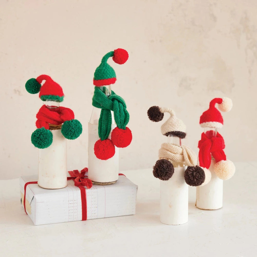 Creative Coop Holiday Knit Fabric Hat & Scarf Bottle Topper w/ Pom Poms, Set of 2