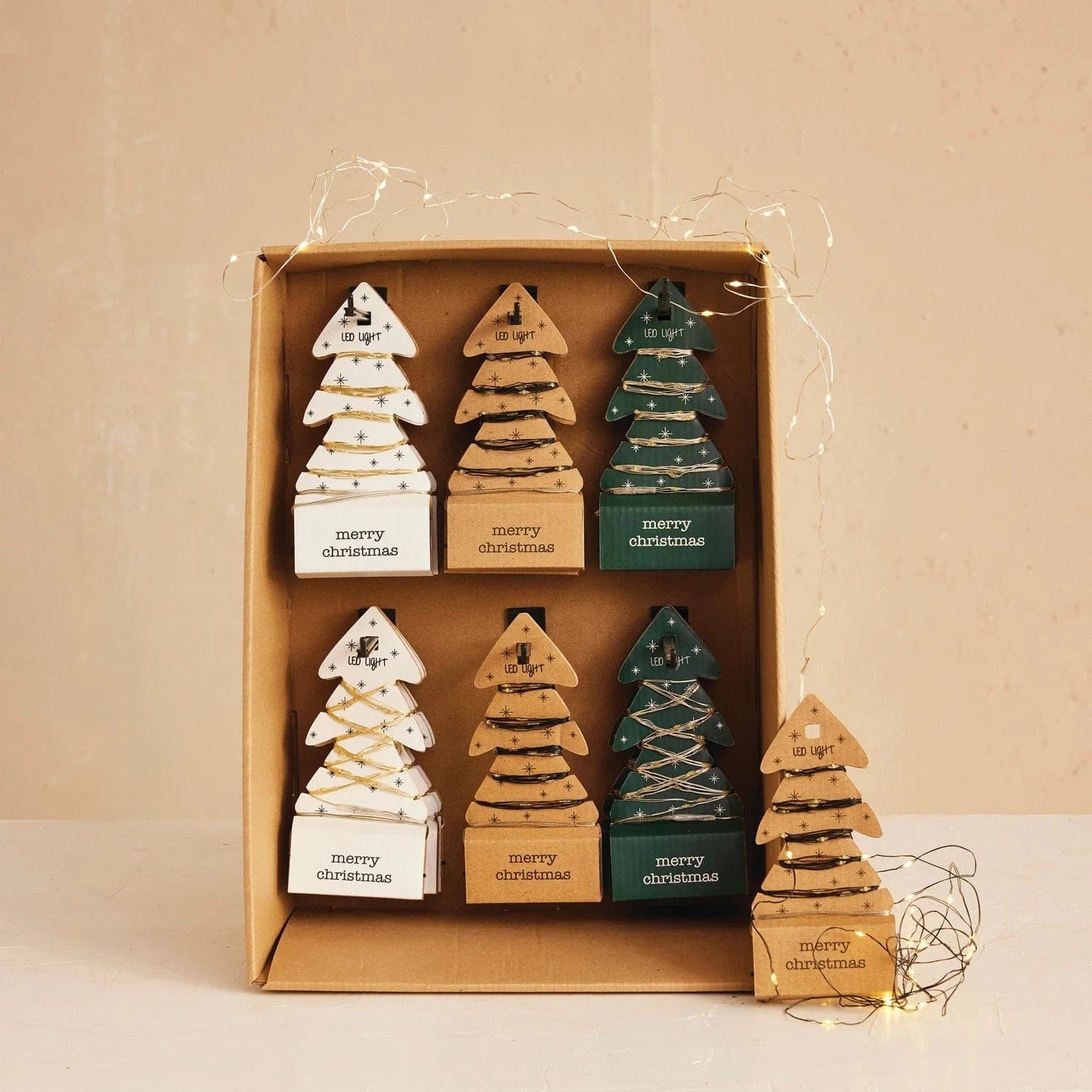 Creative Coop Holiday LED String Lights on Tree Shaped Display Cards