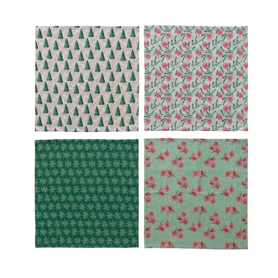 Creative Coop Holiday Napkins with Botanical Patterns, Set of 4 Tied with Jute String