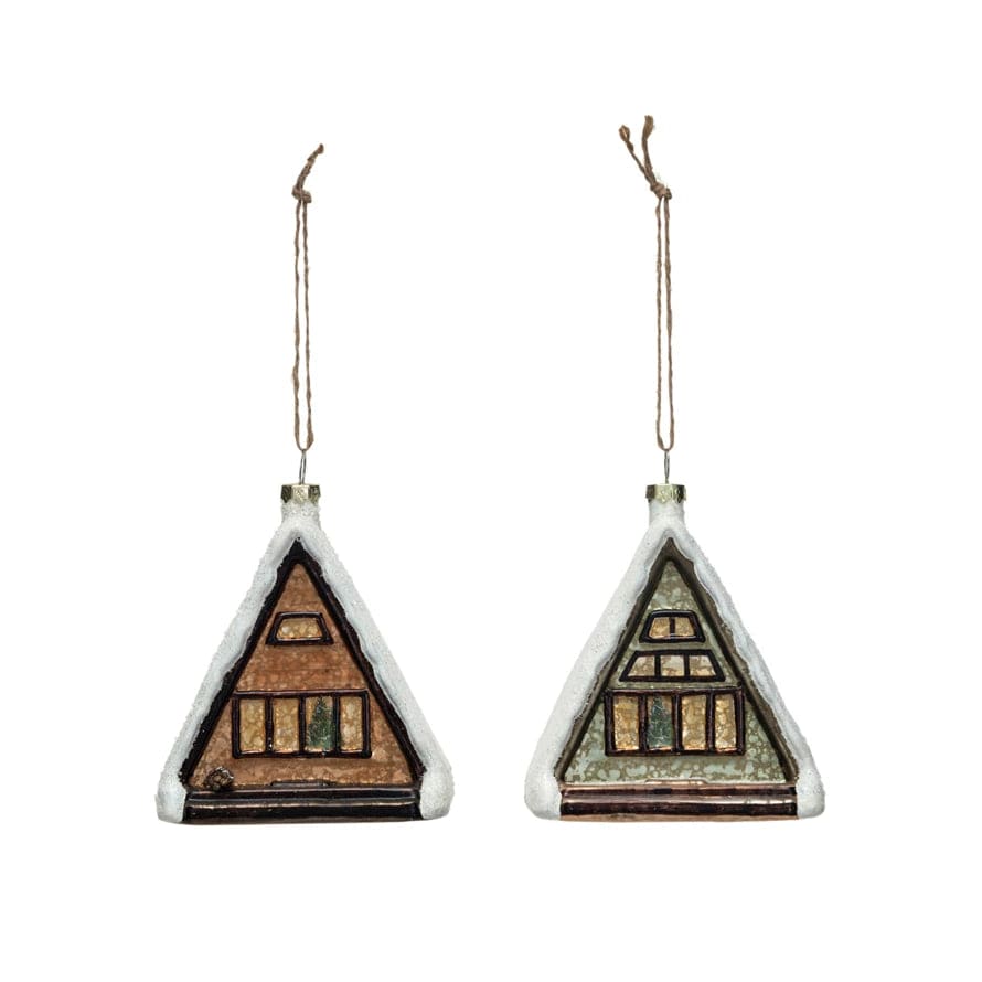 Creative Coop Holiday Ornaments Glass A-Frame Cabin w/ Tree in Window Ornament