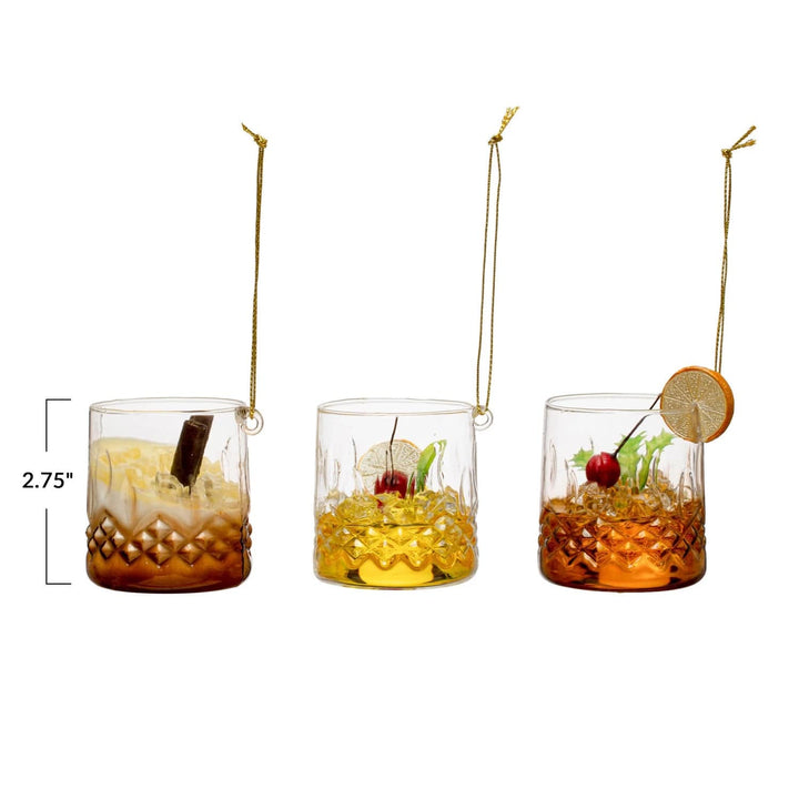 Creative Coop Holiday Ornaments Glass Cocktail in Low Ball Glass Ornament | 3 Styles