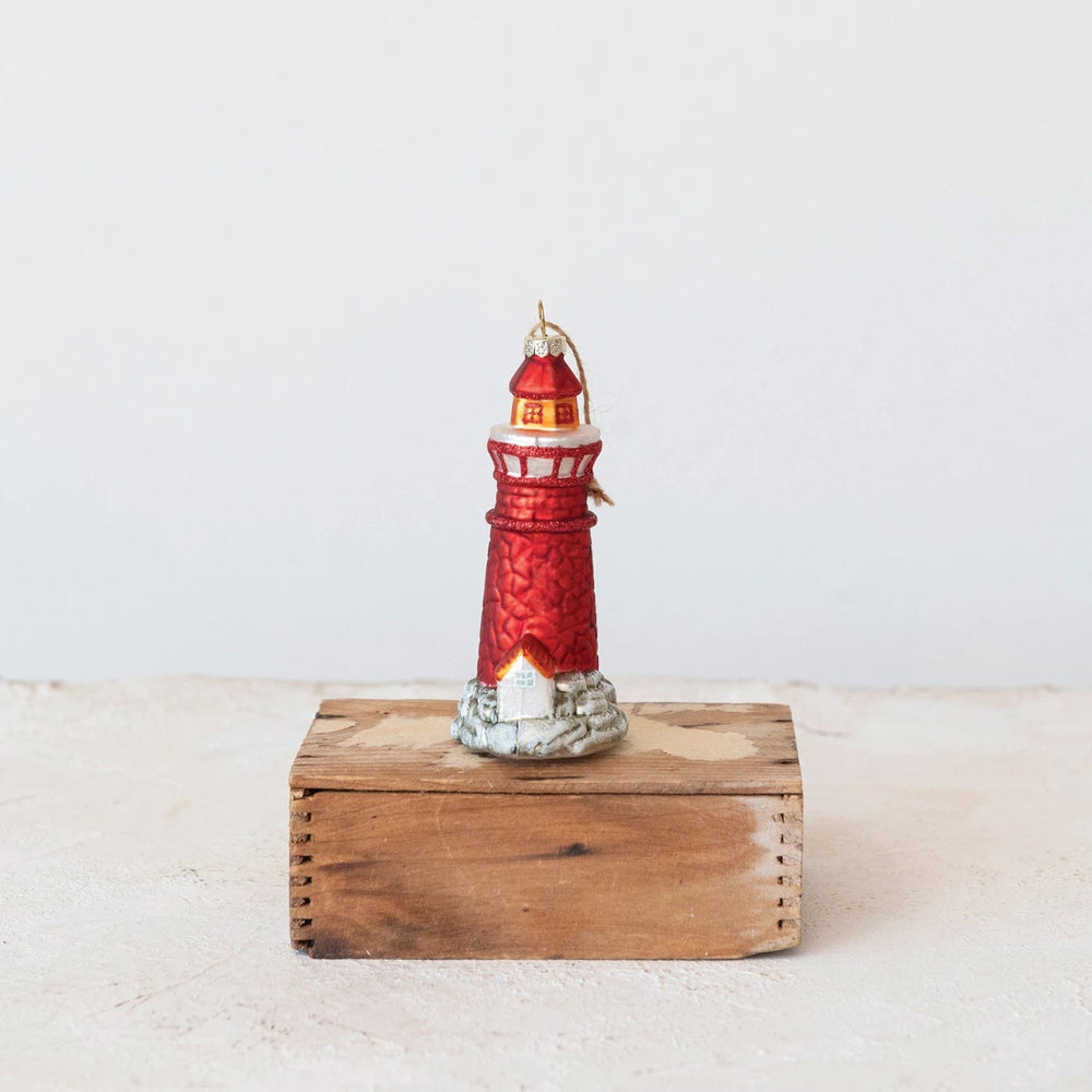 Creative Coop Holiday Ornaments Glass Lighthouse Ornament w/ Glitter, Multi Color