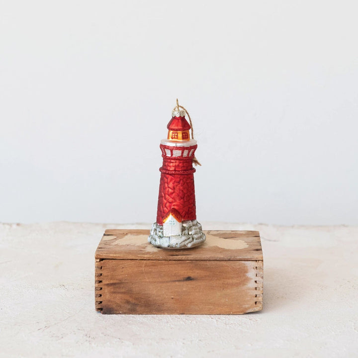Creative Coop Holiday Ornaments Glass Lighthouse Ornament w/ Glitter, Multi Color