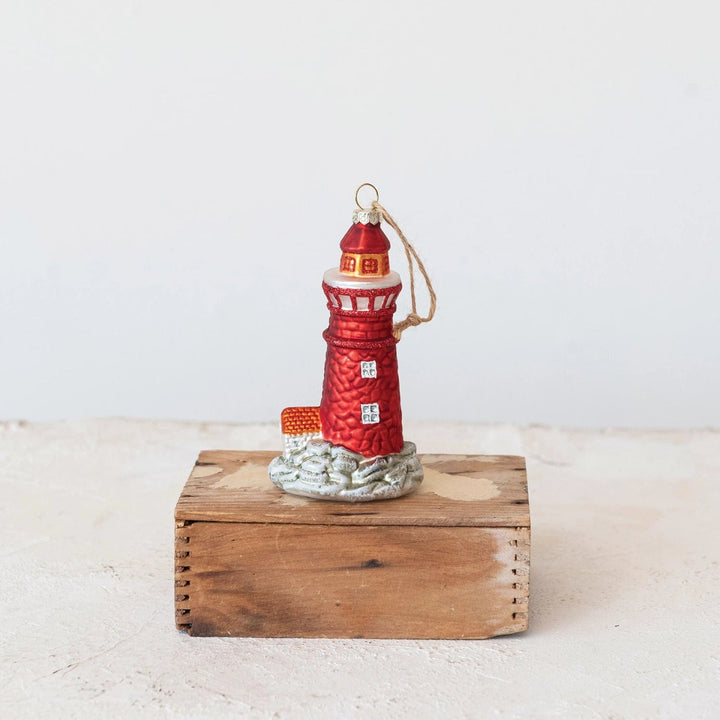 Creative Coop Holiday Ornaments Glass Lighthouse Ornament w/ Glitter, Multi Color