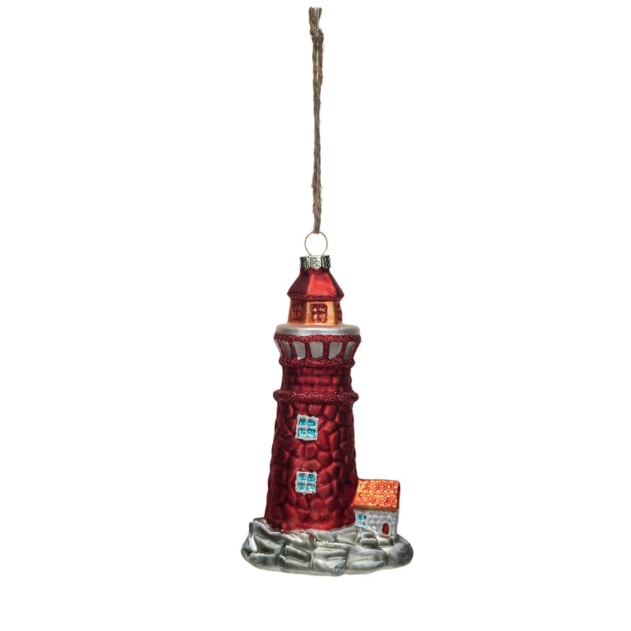 Creative Coop Holiday Ornaments Glass Lighthouse Ornament w/ Glitter, Multi Color