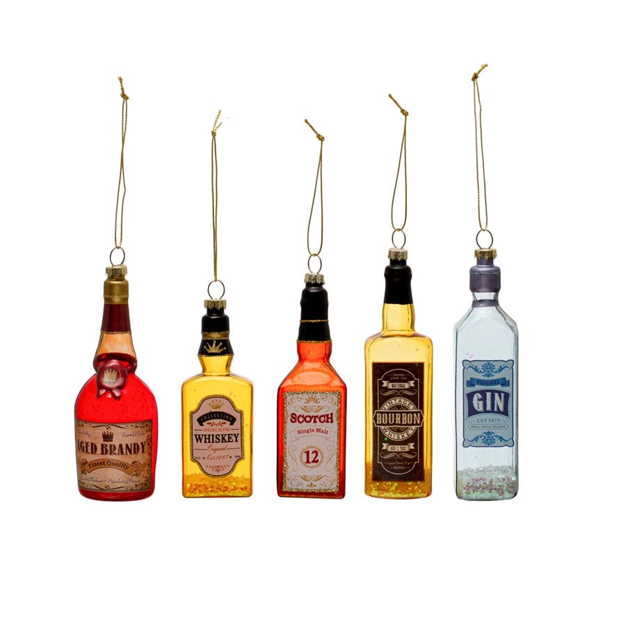 Creative Coop Holiday Ornaments Glass Liquor Bottle Ornament w/ Glitter | 5 Styles