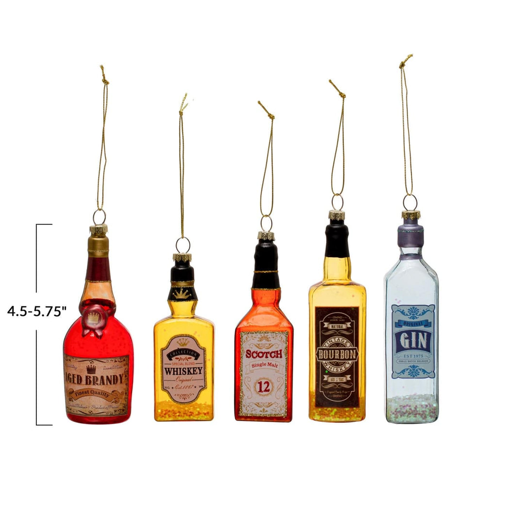 Creative Coop Holiday Ornaments Glass Liquor Bottle Ornament w/ Glitter | 5 Styles