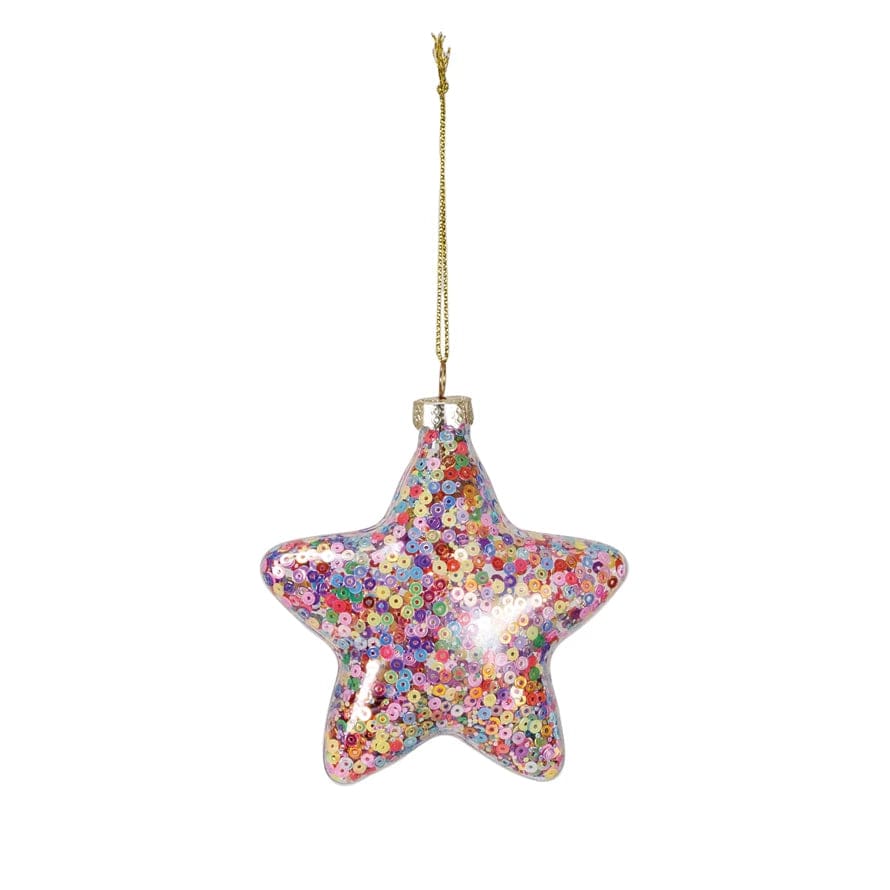 Creative Coop Holiday Ornaments Glass Star Ornament Filled w/ Sequins