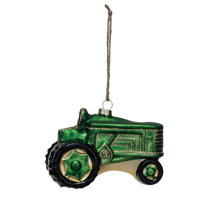 Creative Coop Holiday Ornaments Glass Tractor Ornament w/ Glitter, Green