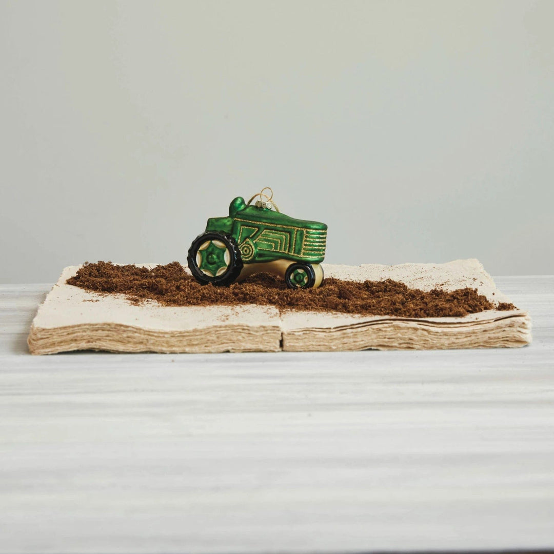 Creative Coop Holiday Ornaments Glass Tractor Ornament w/ Glitter, Green