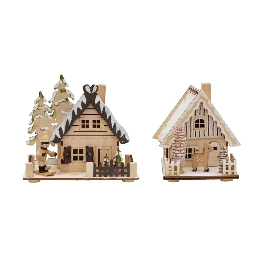 Creative Coop Holiday Ornaments Wood Laser Cut Cabin w/ LED Light | 2 Styles