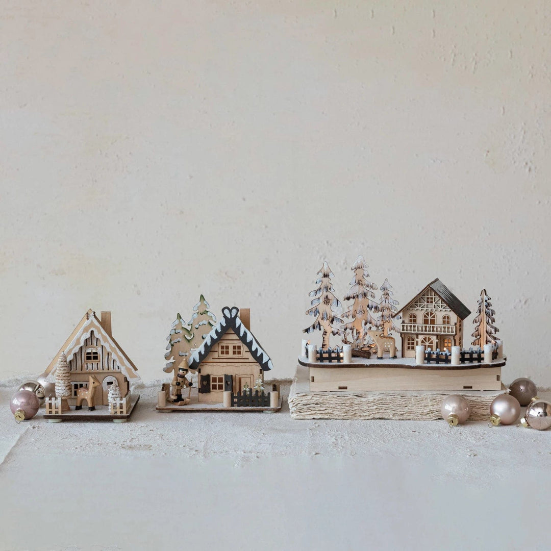 Creative Coop Holiday Ornaments Wood Laser Cut Cabin w/ LED Light | 2 Styles