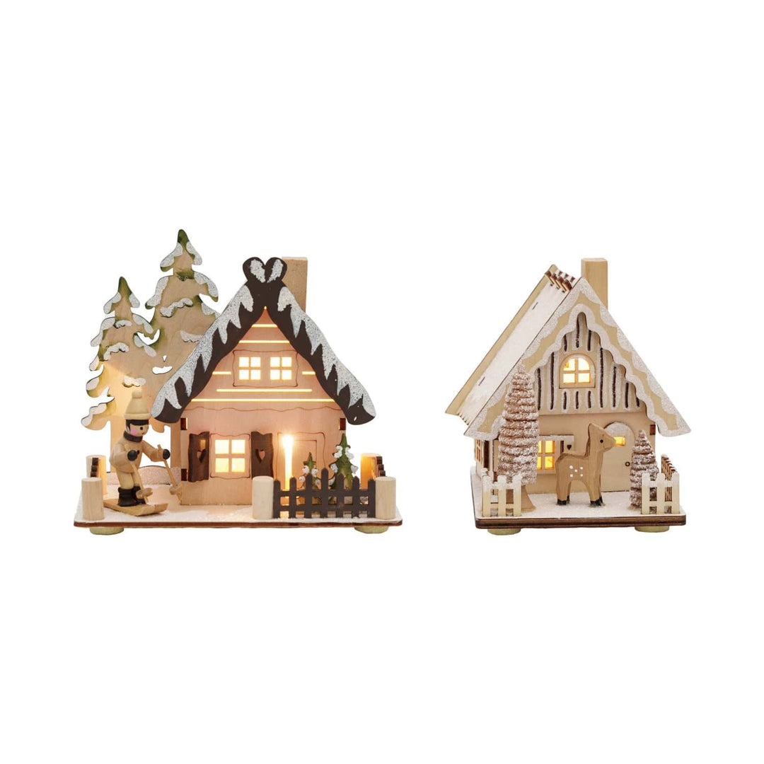 Creative Coop Holiday Ornaments Wood Laser Cut Cabin w/ LED Light | 2 Styles