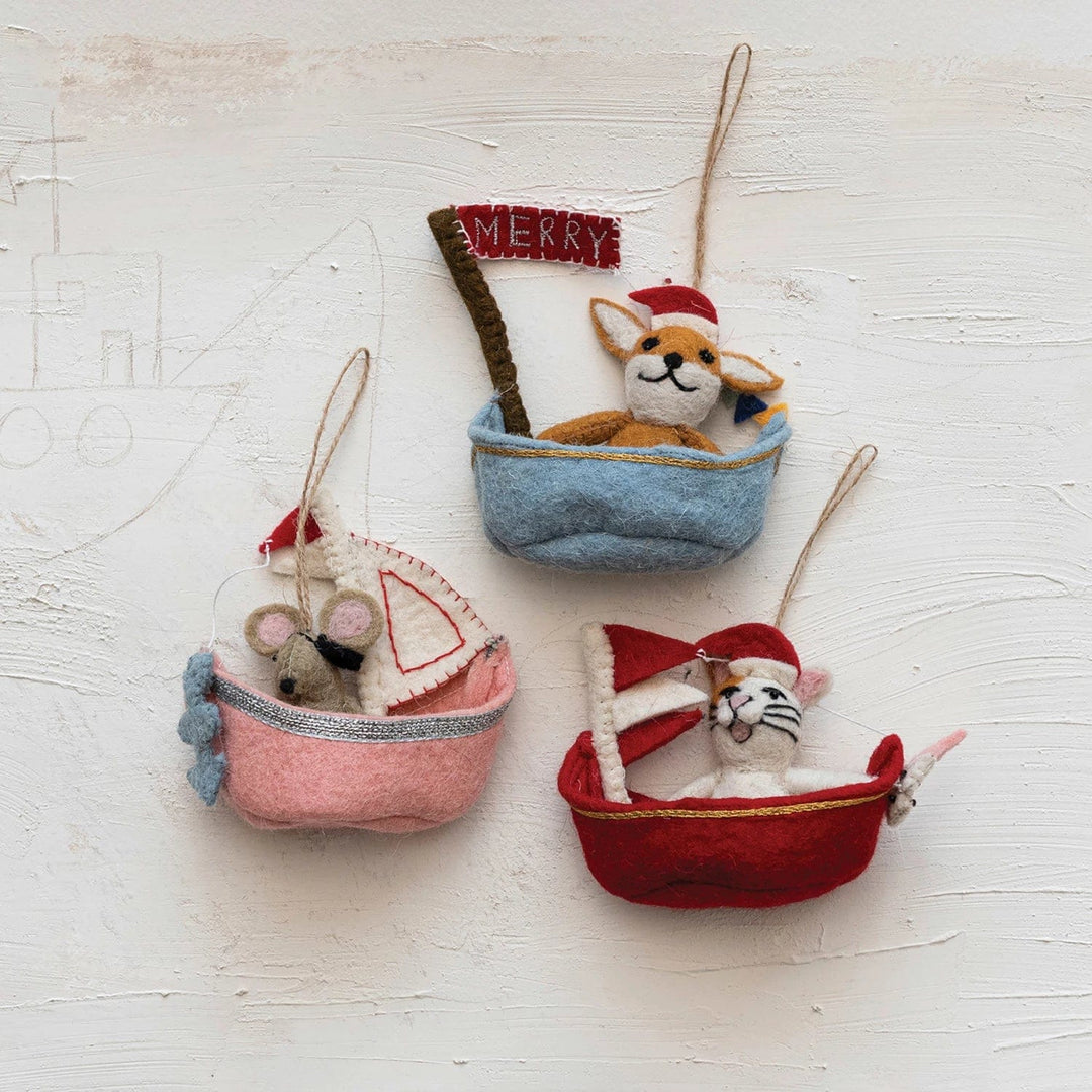 Creative Coop Holiday Ornaments Wool Felt Animal in Sailboat Ornament