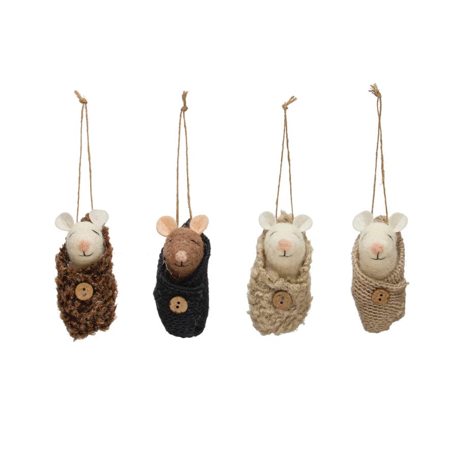 Creative Coop Holiday Ornaments Wool Felt Baby Mouse in Swaddle Ornament | 4 Styles