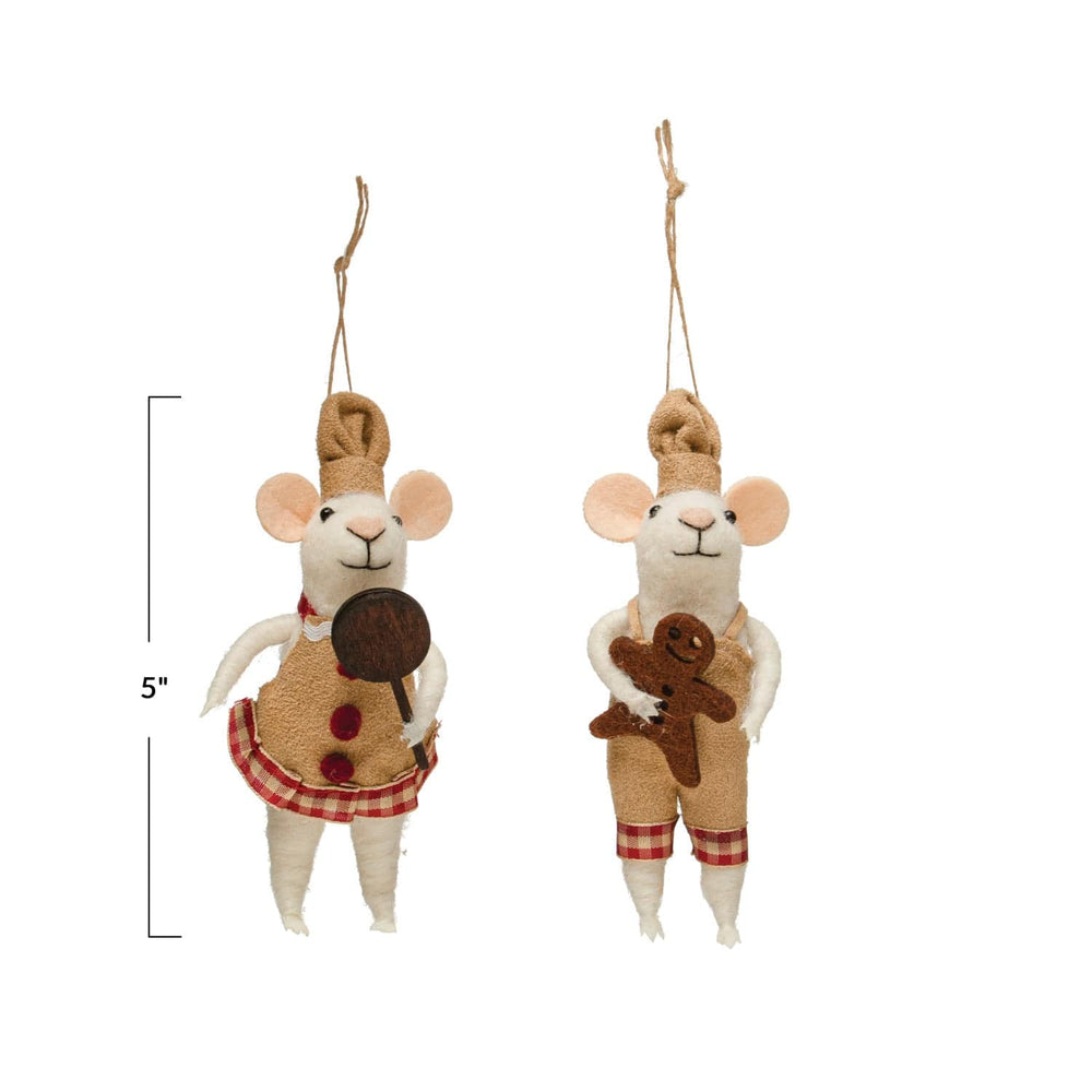 Creative Coop Holiday Ornaments Wool Felt Baker Mouse Ornament Gingerbread Man/Pan
